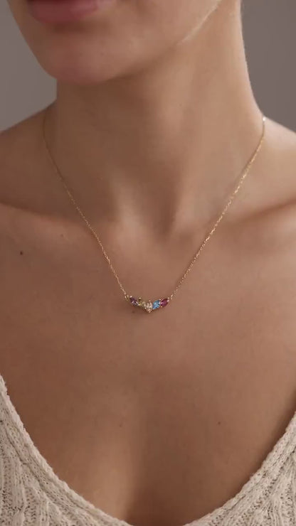 14K Solid Gold Family Birthstone Necklace, Marquise Gemstone Pendant