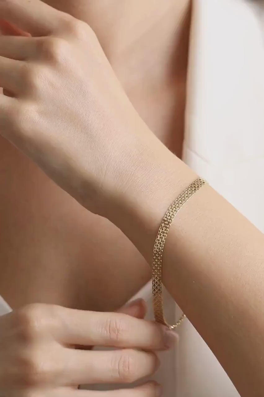 14K Gold Bismark Bracelet • Real Gold Mesh Chain • Dainty Gold Bracelet • Elegant Bismark Bracelet for Women