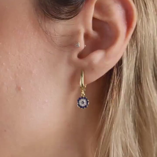 Gold Evil Eye Huggie Hoop Earrings: Sterling Silver Dangle Drop Earrings