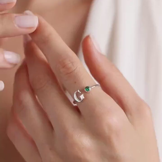 Personalized Birthstone Ring: Sterling Silver Initial Ring, Mother's Gift