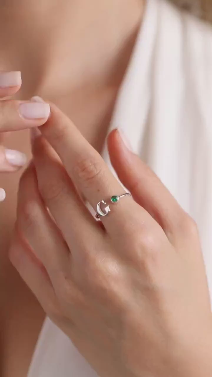 Personalized Birthstone Ring: Sterling Silver Initial Ring, Mother's Gift