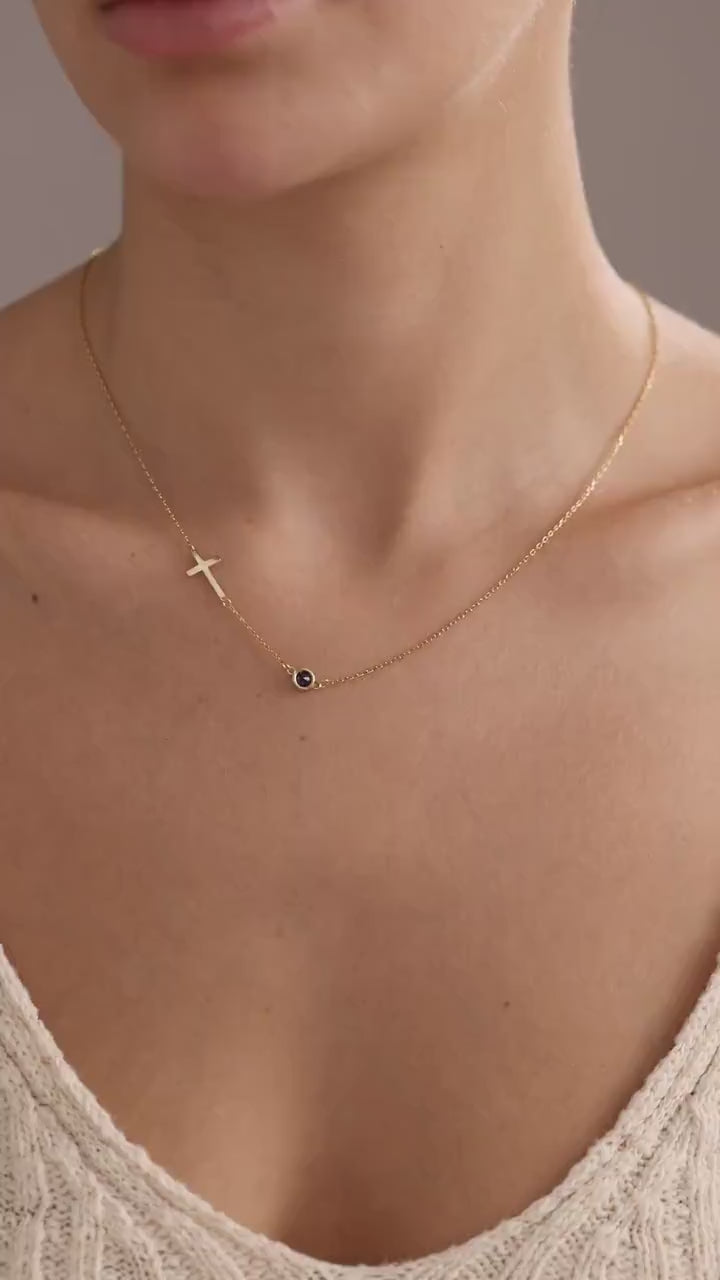 Sterling Silver Sideways Cross Necklace with Birthstone