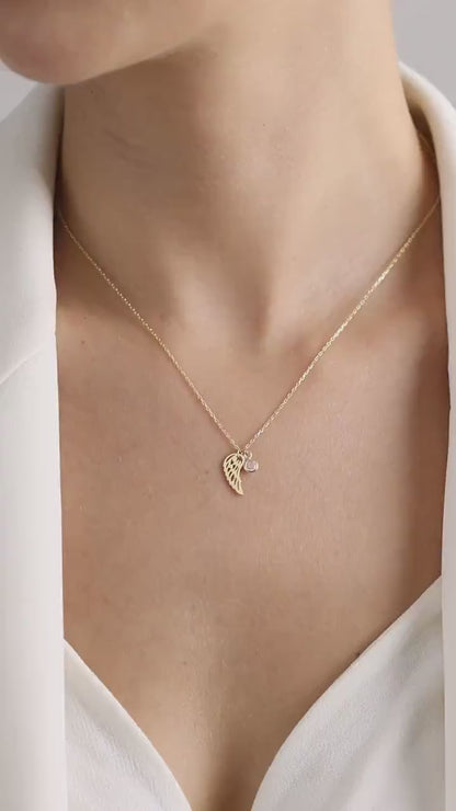 14k Gold Angel Wing Necklace: Birthstone Memorial Gift
