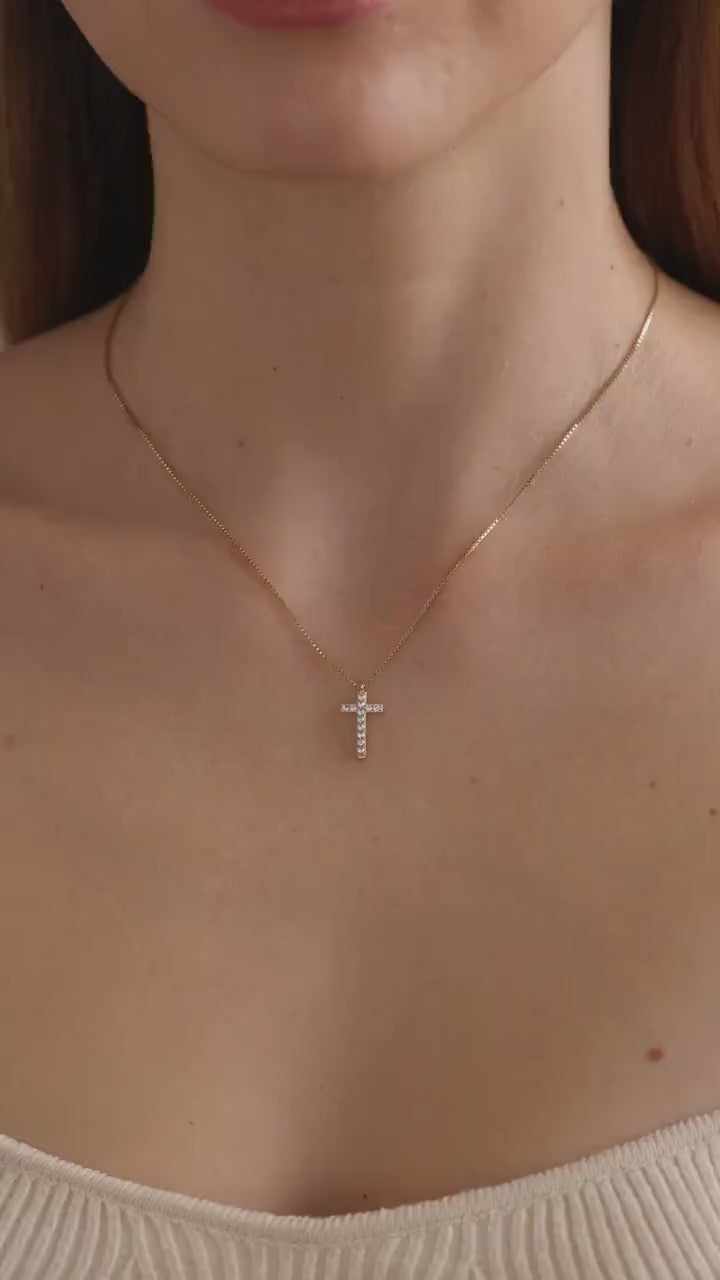 Diamond Cross Necklace for Women ,Cross Necklace with Box Chain,14k Gold Diamond Cross,Baptism Gift,Gift For Her,Gift For Mom