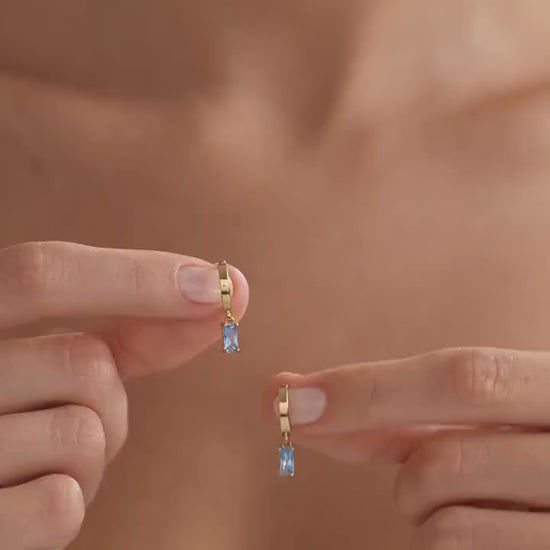 Baguette Birthstone Hoop Earrings: 925 Sterling Silver, Dainty Huggie Earrings