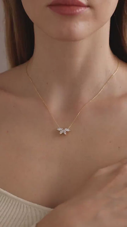 14K Solid Gold Birthstone Necklace: Marquise Flower Petal Diamond Pendant