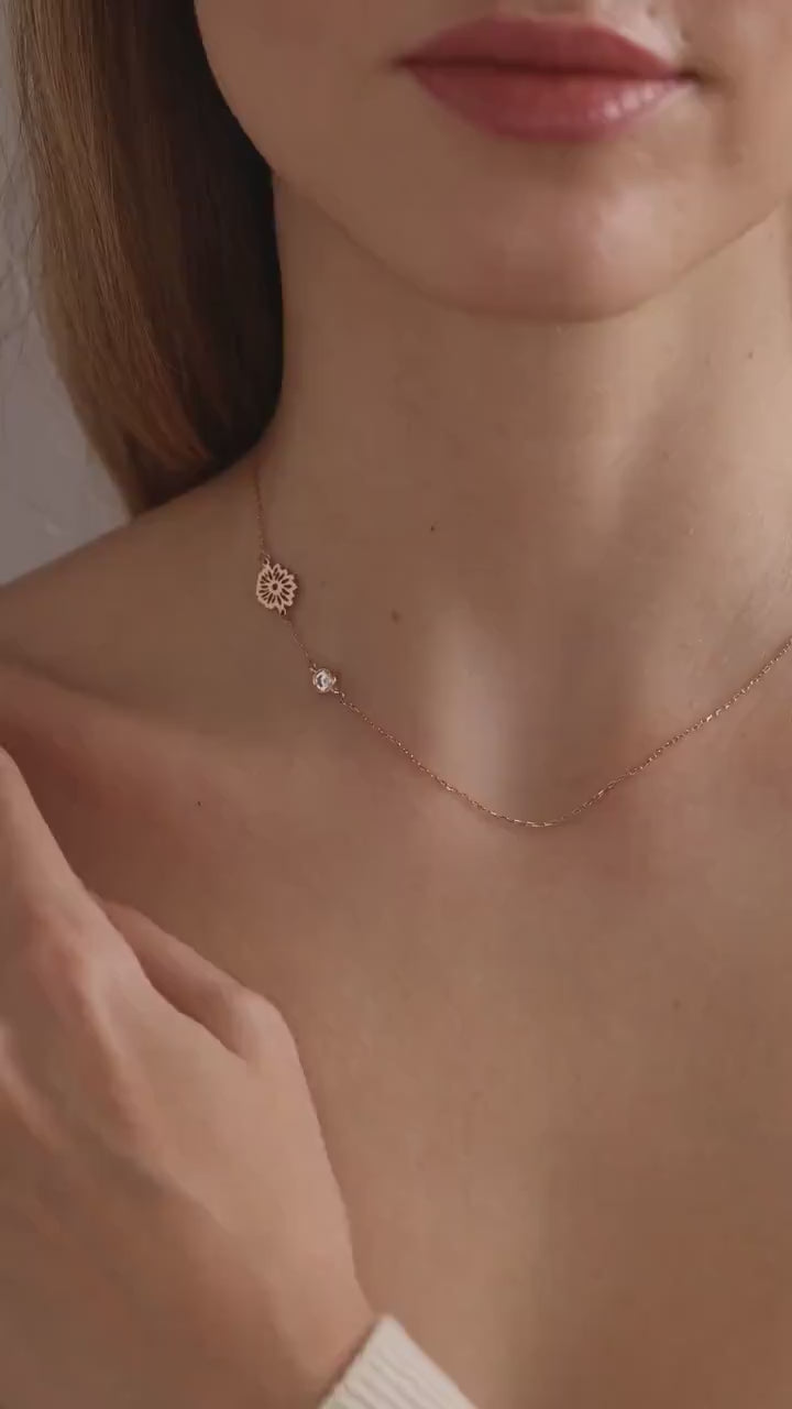 Dainty Sideway Birth Flower Necklace, Sterling Silver, Birthstone