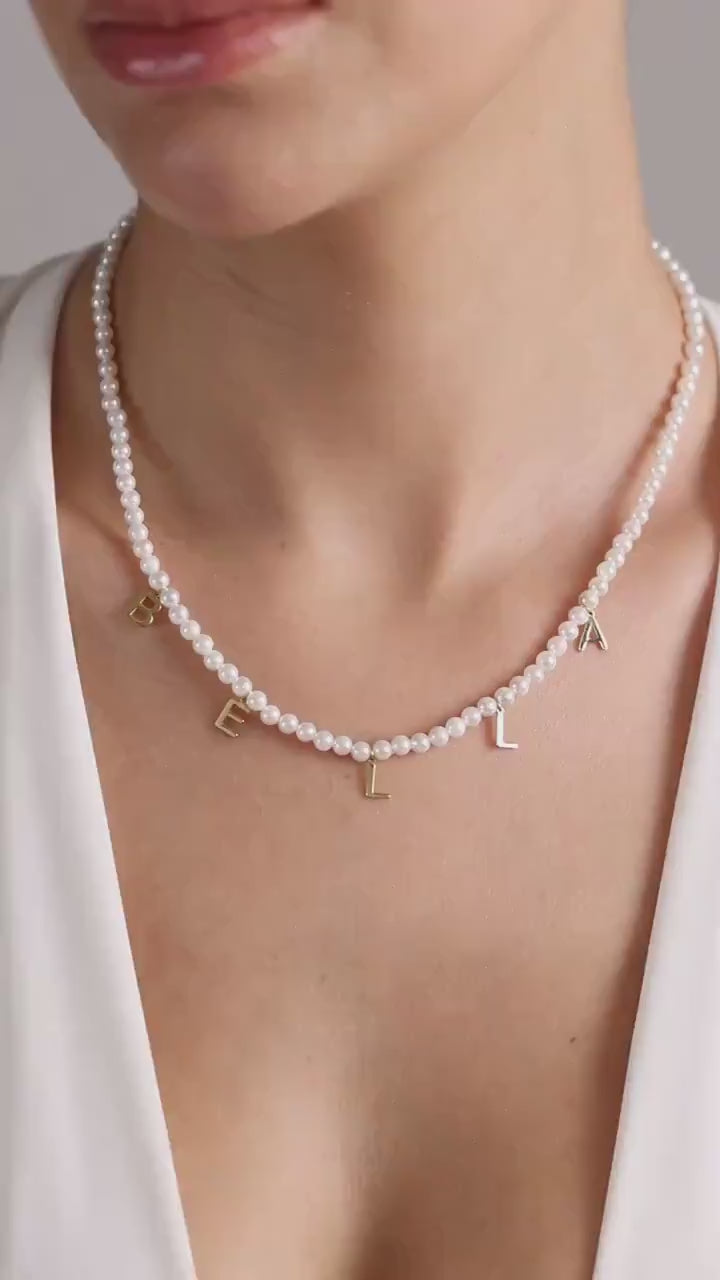 Personalized Freshwater Pearl Name Necklace: Gold Letter Charm